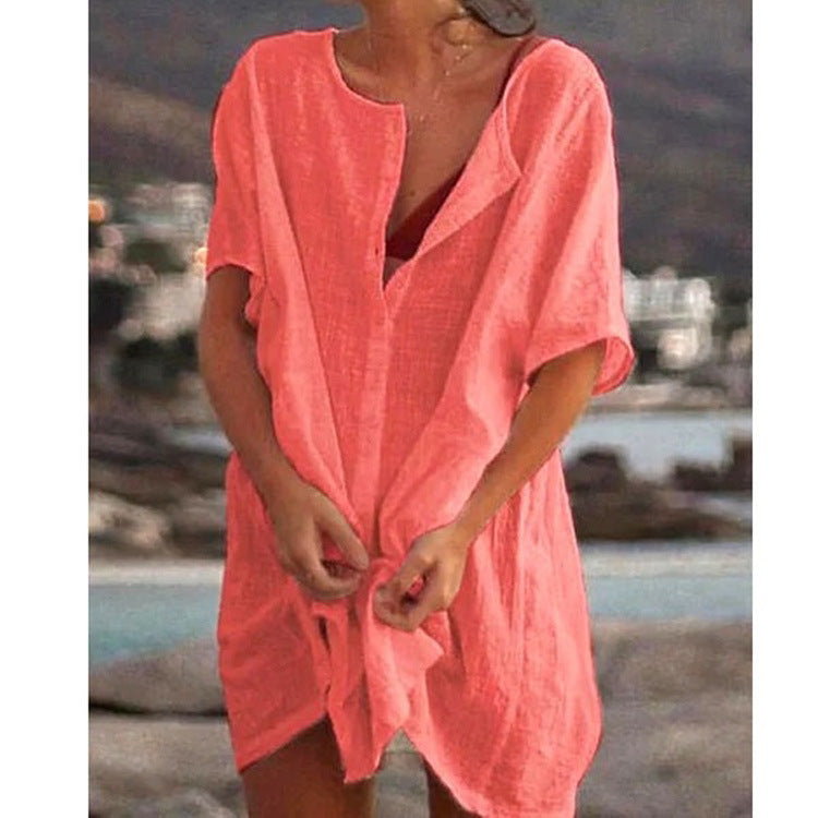 Damen Lässiges Strandkleid aus Leinen mit Knopfleiste und seitlichen Schlitzen Drune