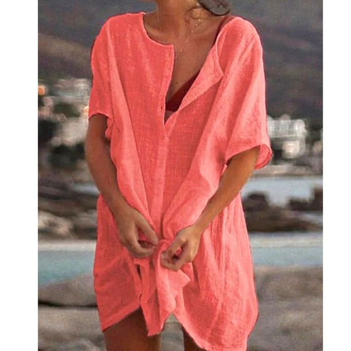 Damen Lässiges Strandkleid aus Leinen mit Knopfleiste und seitlichen Schlitzen Drune