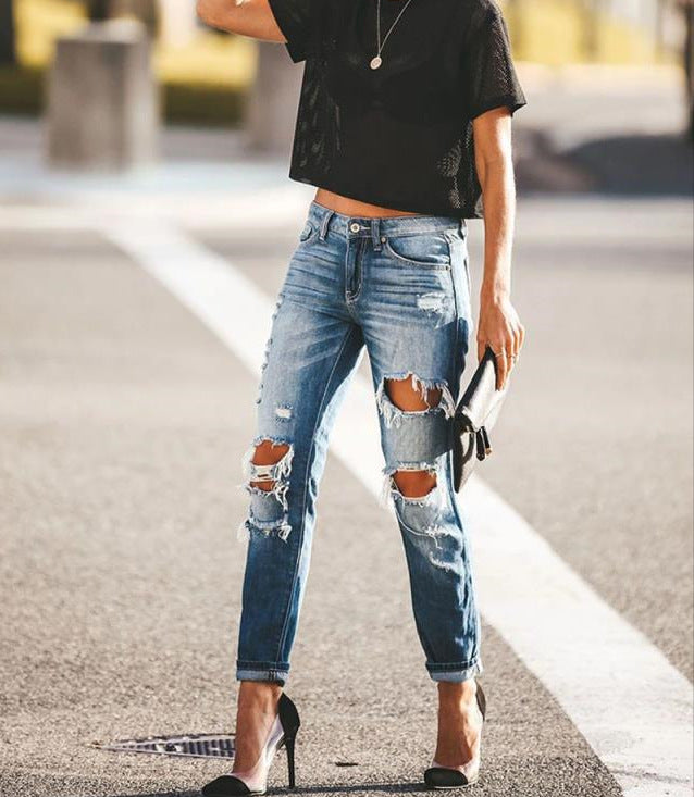 Damen Ripped Jeans im modernen Slim-Fit Schnitt mit fransigen Details Drune