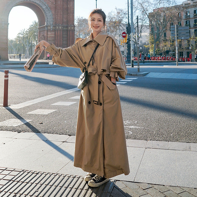 Damen Oversize-Trenchmantel mit Ballonärmeln, doppelreihiger Knopfleiste und Taillengürtel Drune