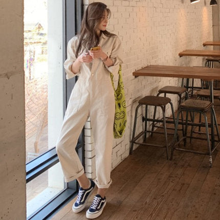 Damen Lockere Utility-Hemdoverall aus Baumwollmischung mit Hemdkragen und aufgesetzten Taschen Drune