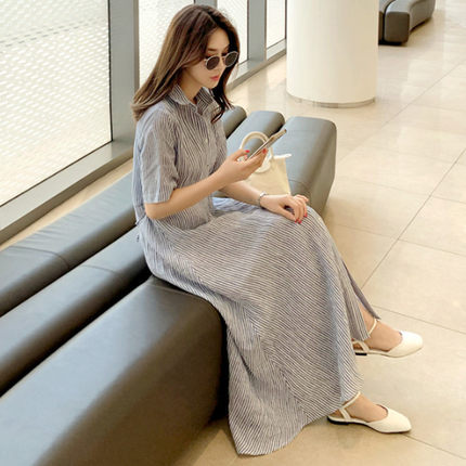 Damen Gestreiftes Hemdblusenkleid Maxi mit Kentkragen und seitlichem Beinschlitz Drune