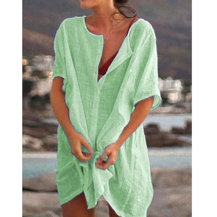 Damen Lässiges Strandkleid aus Leinen mit Knopfleiste und seitlichen Schlitzen Drune