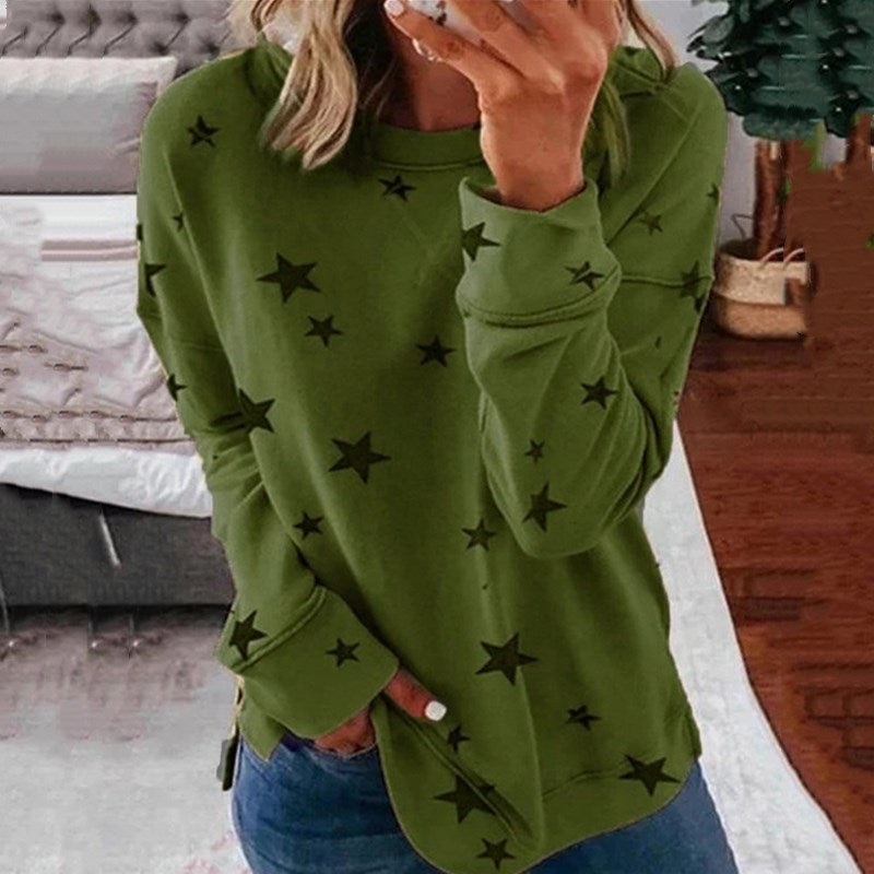 Damen nan locker geschnittenes Sternen-Print Sweatshirt mit Rundhalsausschnitt, verlängertem Rücken und seitlichen Schlitzen Drune