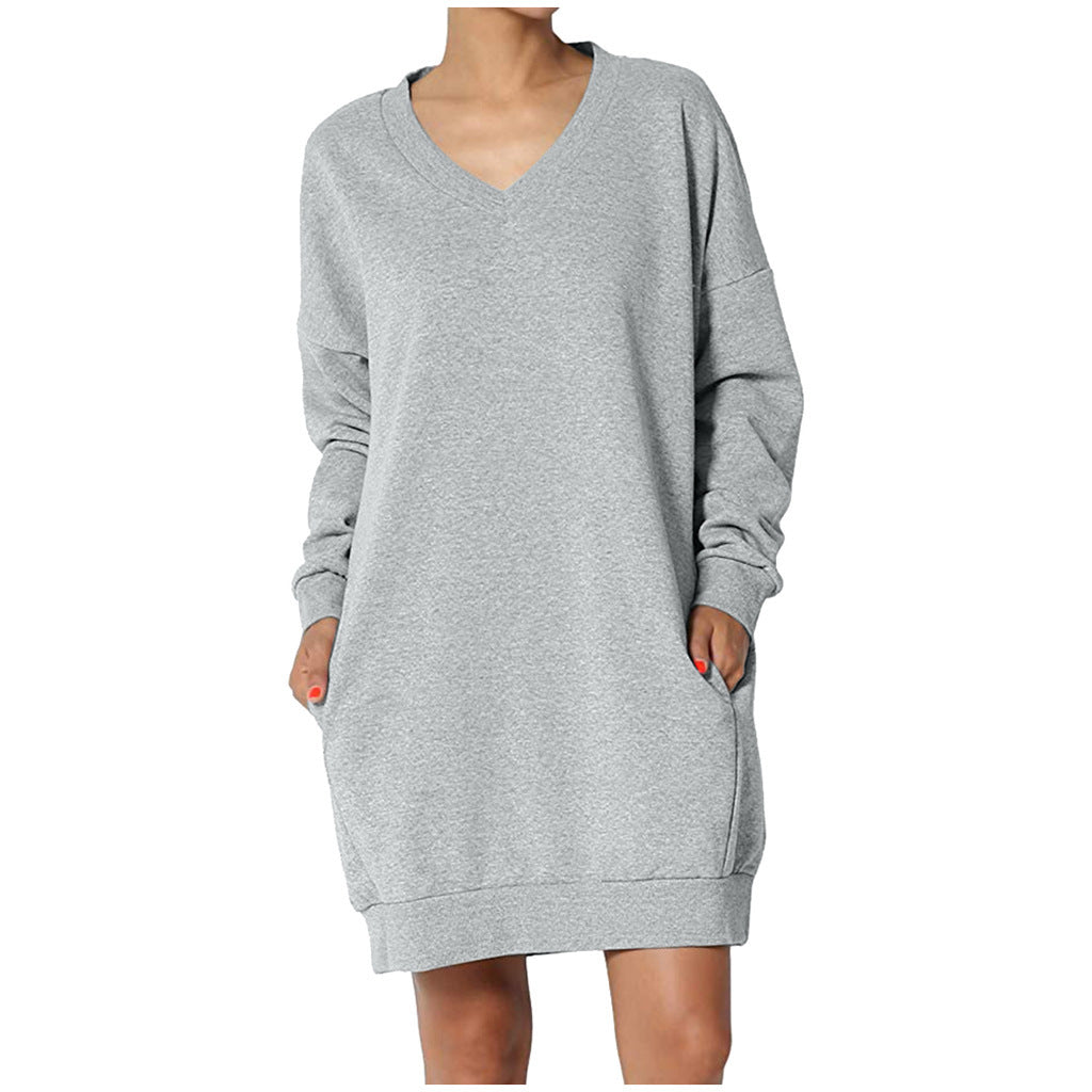 Damen Sweatkleid mit tiefem V-Ausschnitt und praktischen Taschen Drune