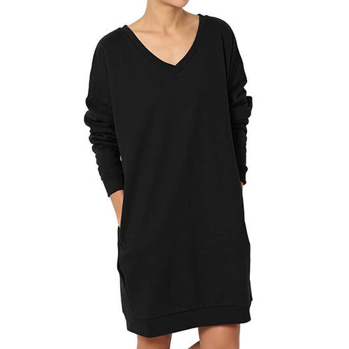 Damen Sweatkleid mit tiefem V-Ausschnitt und praktischen Taschen Drune