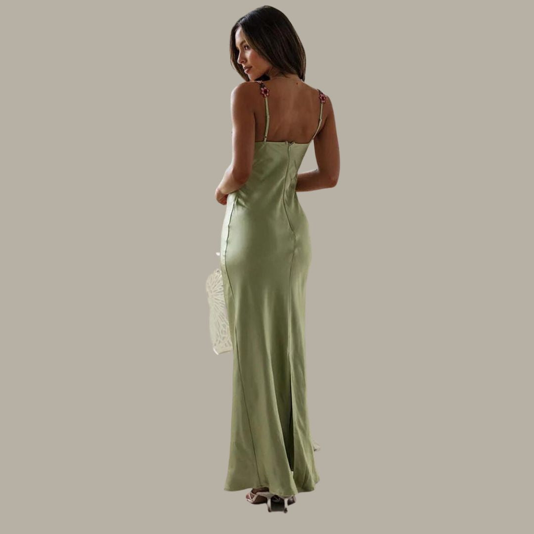 Drune | Blume Bootsausschnitt Hoher Schlitz Satin Schlank Garten Party Slip Maxikleider