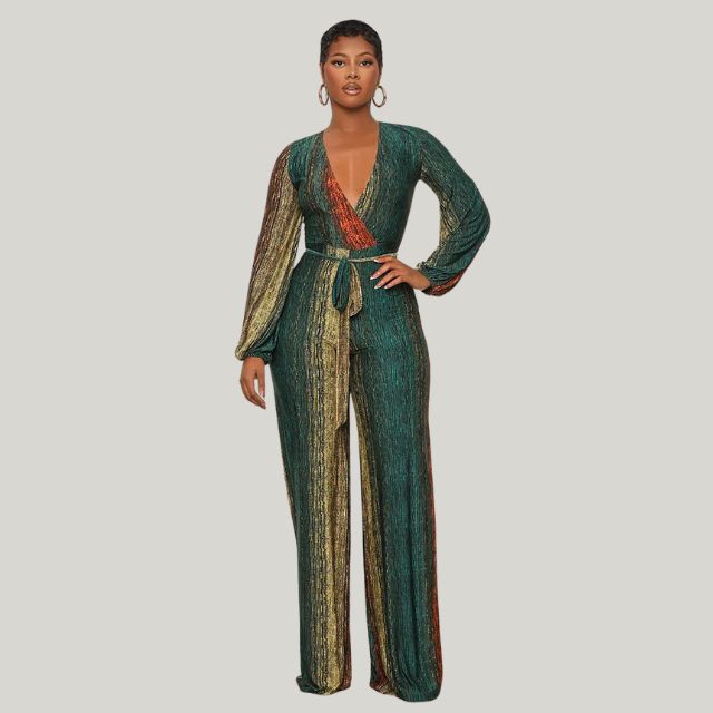 Drune | Metallic-Plissee-Jumpsuit mit weitem Bein und Gürtel