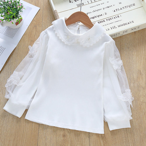 Damen festliche Bluse mit Tüllärmeln und besticktem Kragen Drune