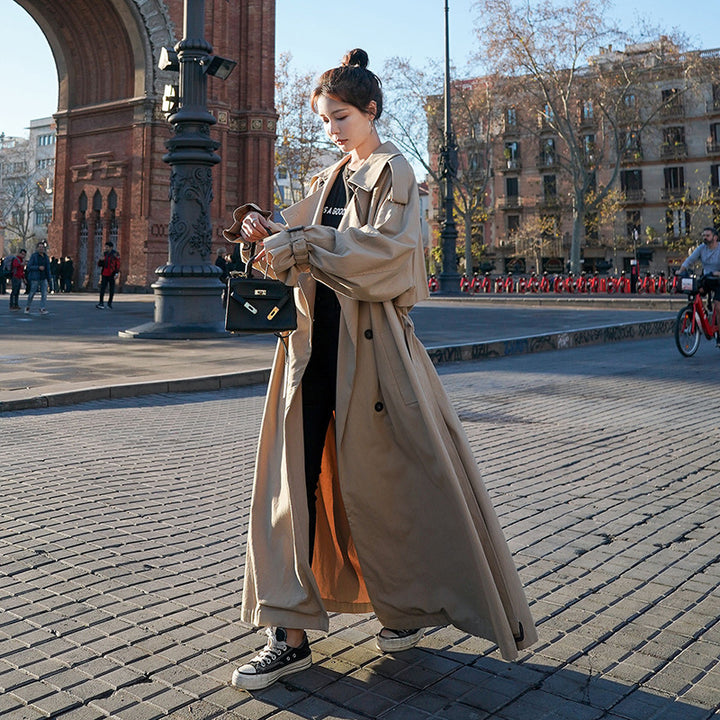Damen Oversize-Trenchmantel mit Ballonärmeln, doppelreihiger Knopfleiste und Taillengürtel Drune