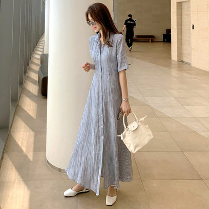 Damen Gestreiftes Hemdblusenkleid Maxi mit Kentkragen und seitlichem Beinschlitz Drune