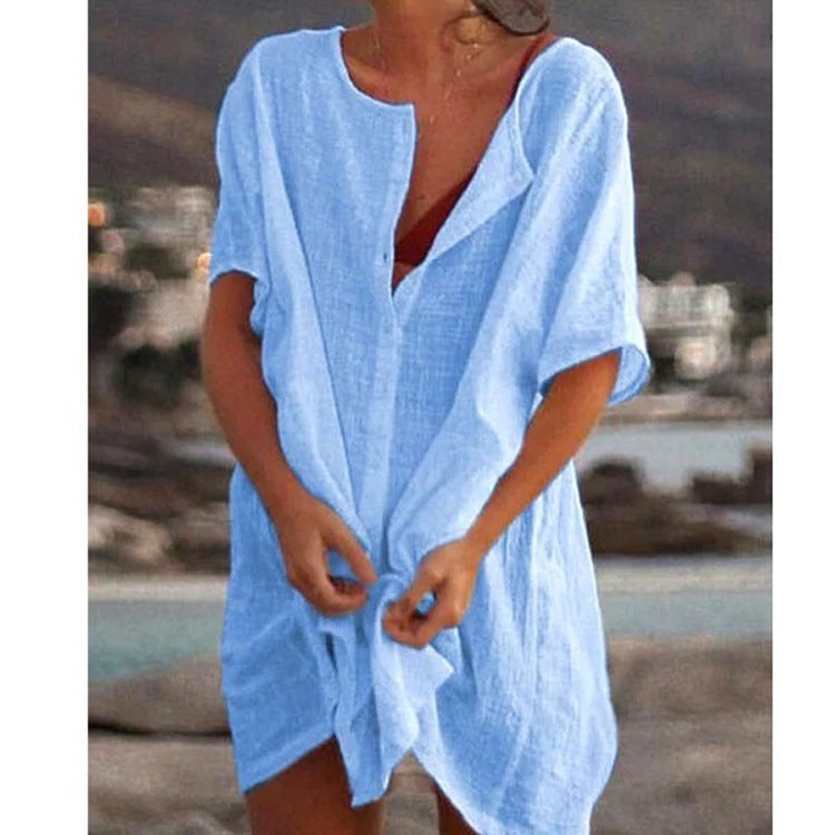 Damen Lässiges Strandkleid aus Leinen mit Knopfleiste und seitlichen Schlitzen Drune