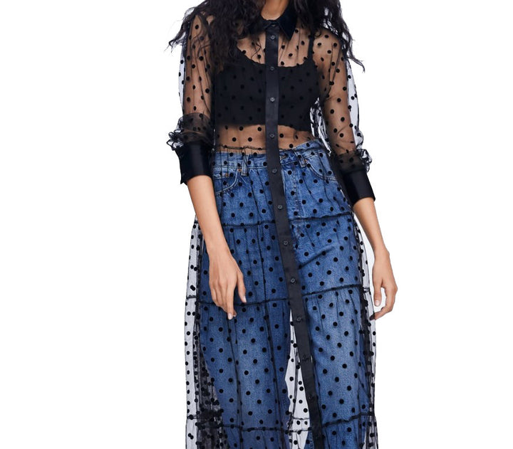 Damen Langer transparenter Duster mit gepunktetem Design und eleganten Ärmeln Drune