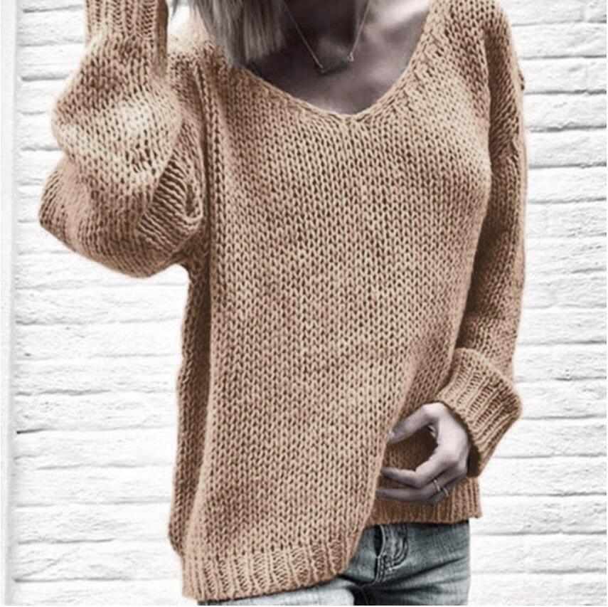 Damen Grobstrickpullover mit lässigem V-Ausschnitt und oversized Ärmeln Drune