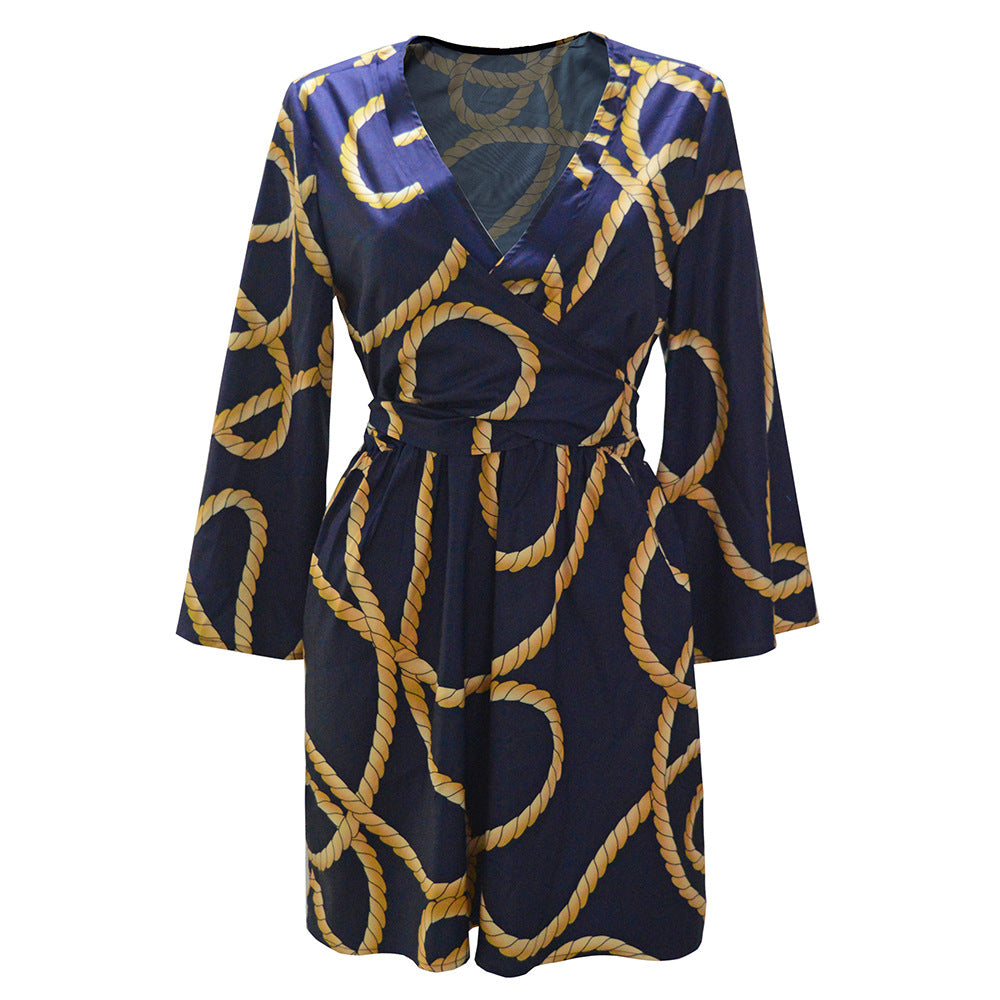 Damen Wickelkleid mit Seil-Print, V-Ausschnitt & tailliertem Bindegürtel Drune