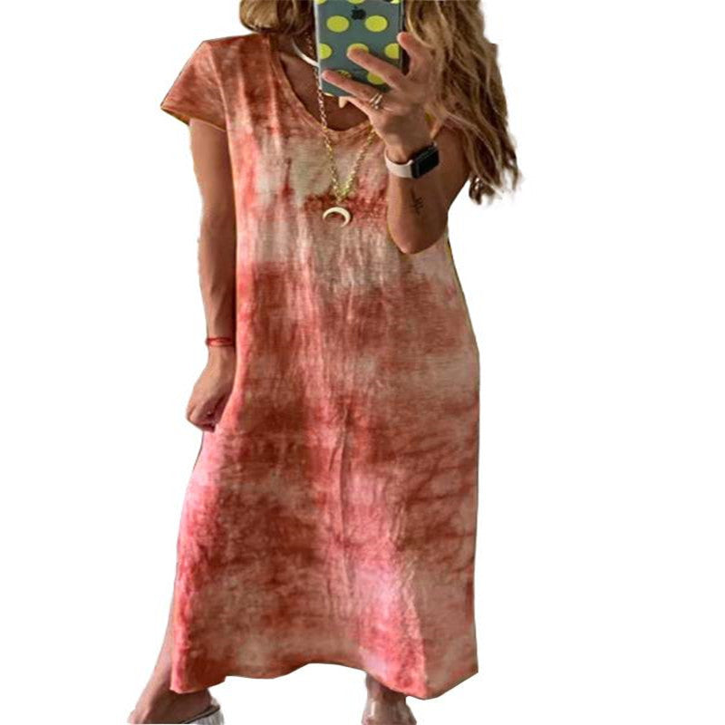 Damen Maxikleid mit kreativem Batikdesign und V-Ausschnitt Drune