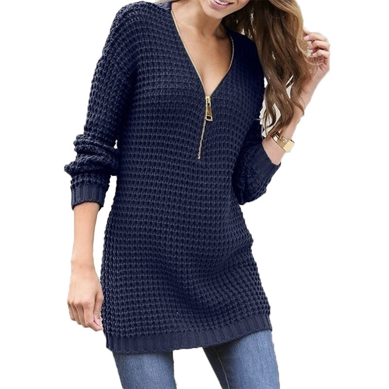 Damen Strickpullover mit Reißverschluss und elastischem Saum Drune