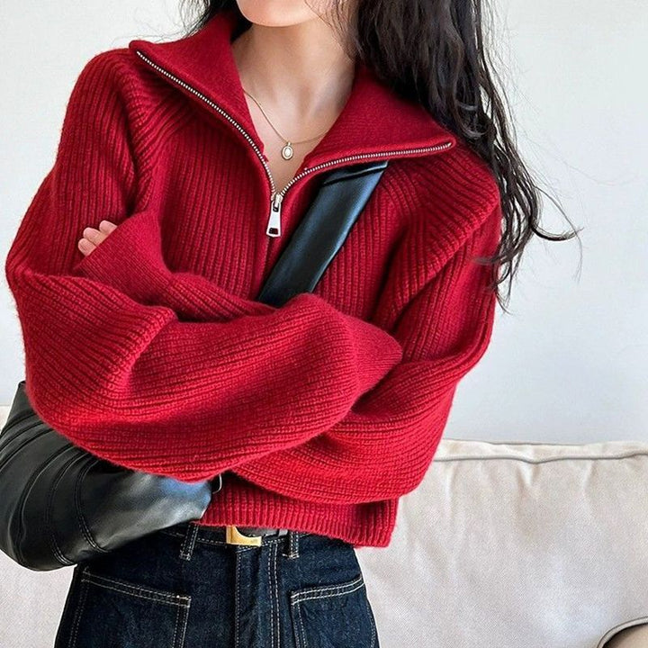 Kurzer Damen-Strickpullover mit Reißverschluss