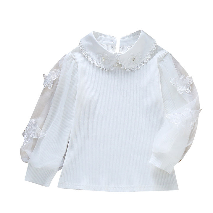 Damen festliche Bluse mit Tüllärmeln und besticktem Kragen Drune