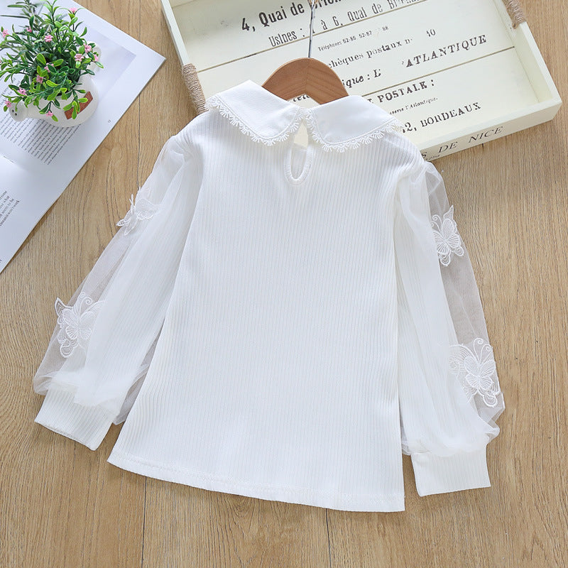 Damen festliche Bluse mit Tüllärmeln und besticktem Kragen Drune