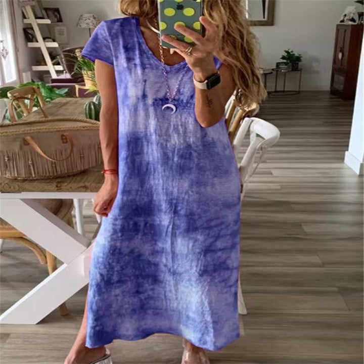 Damen Maxikleid mit kreativem Batikdesign und V-Ausschnitt Drune