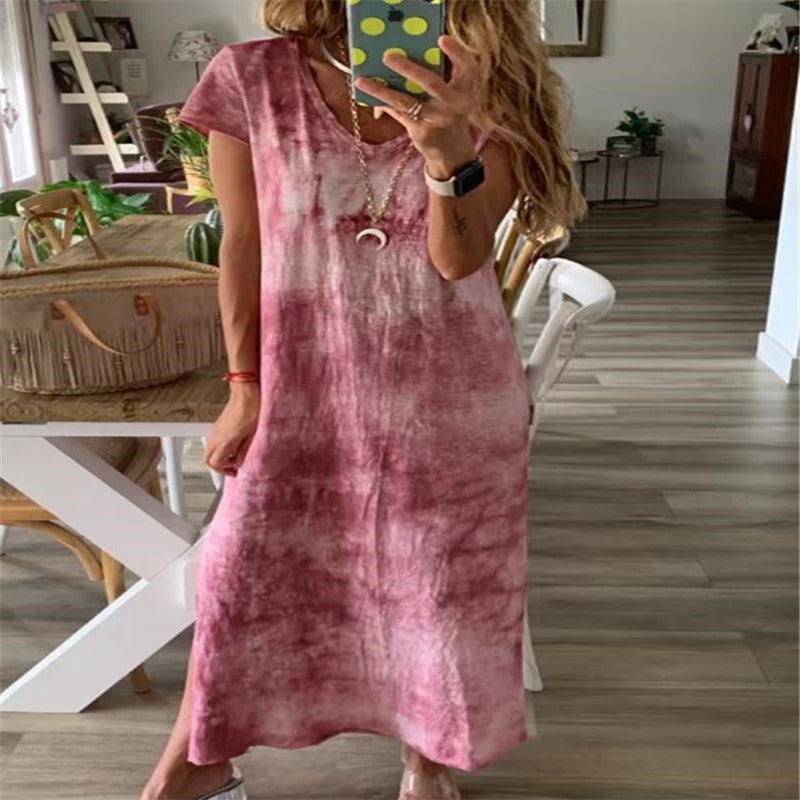 Damen Maxikleid mit kreativem Batikdesign und V-Ausschnitt Drune