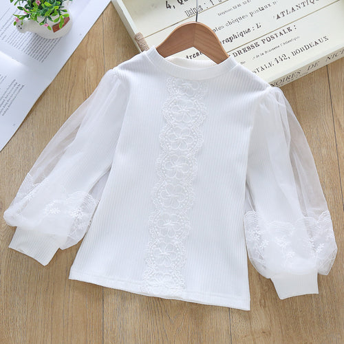 Damen Bluse mit transparenten Tüllärmeln und feinen Stickereien Drune