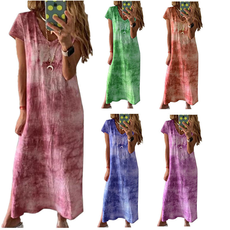 Damen Maxikleid mit kreativem Batikdesign und V-Ausschnitt Drune
