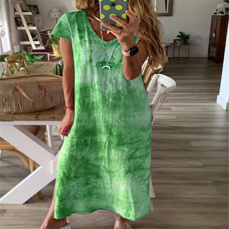 Damen Maxikleid mit kreativem Batikdesign und V-Ausschnitt Drune