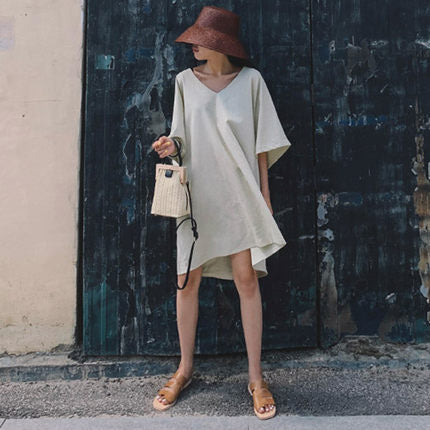 Damen Leichtes Oversize-Kaftan-Kleid mit V-Ausschnitt und asymmetrischem Saum Drune
