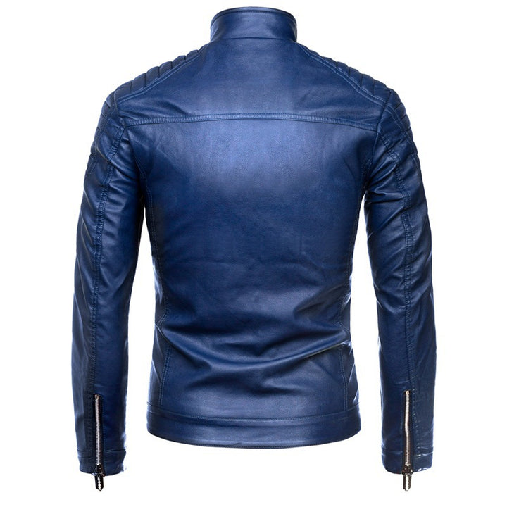 Herren Slim-Fit Kunstleder-Bikerjacke mit Stehkragen und Schultersteppungen Drune