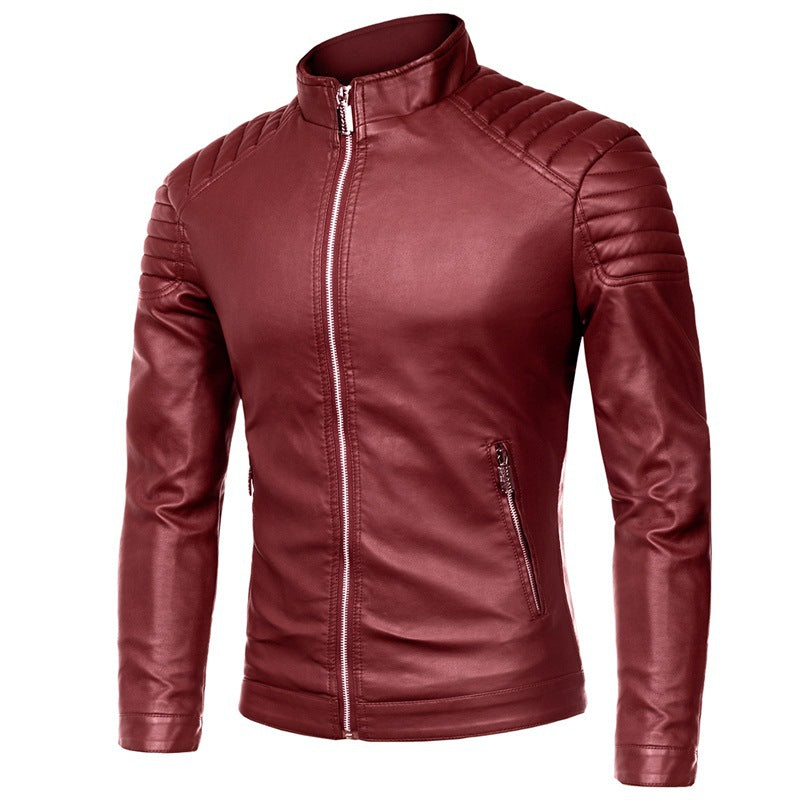 Herren Slim-Fit Kunstleder-Bikerjacke mit Stehkragen und Schultersteppungen Drune