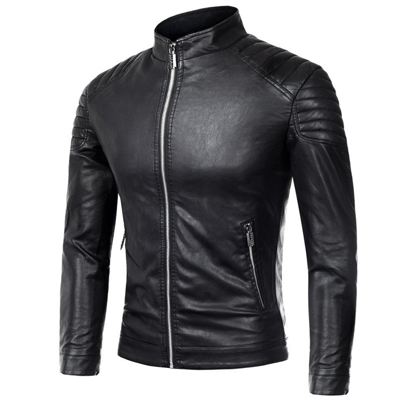 Herren Slim-Fit Kunstleder-Bikerjacke mit Stehkragen und Schultersteppungen Drune