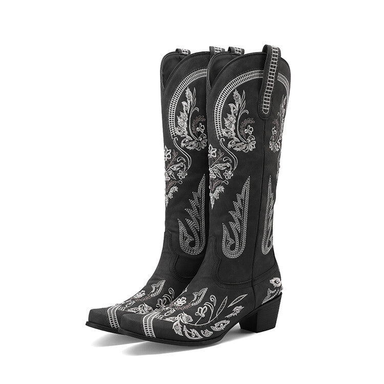 Drune | Bestickte Western Denim Retro Damen Knielange Stiefel