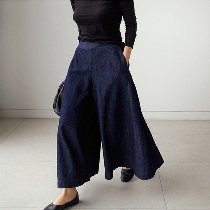 Damen Weite Denim Culotte-Hose mit Eingrifftaschen Drune