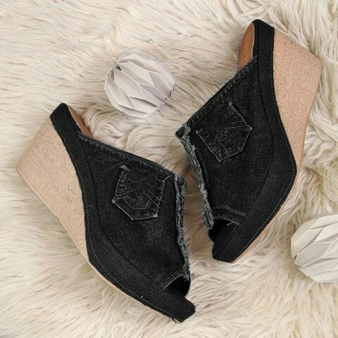 Damen nan Jeans-Pantolette mit offener Zehenpartie, fransigem Saum und Bastkeilabsatz Drune
