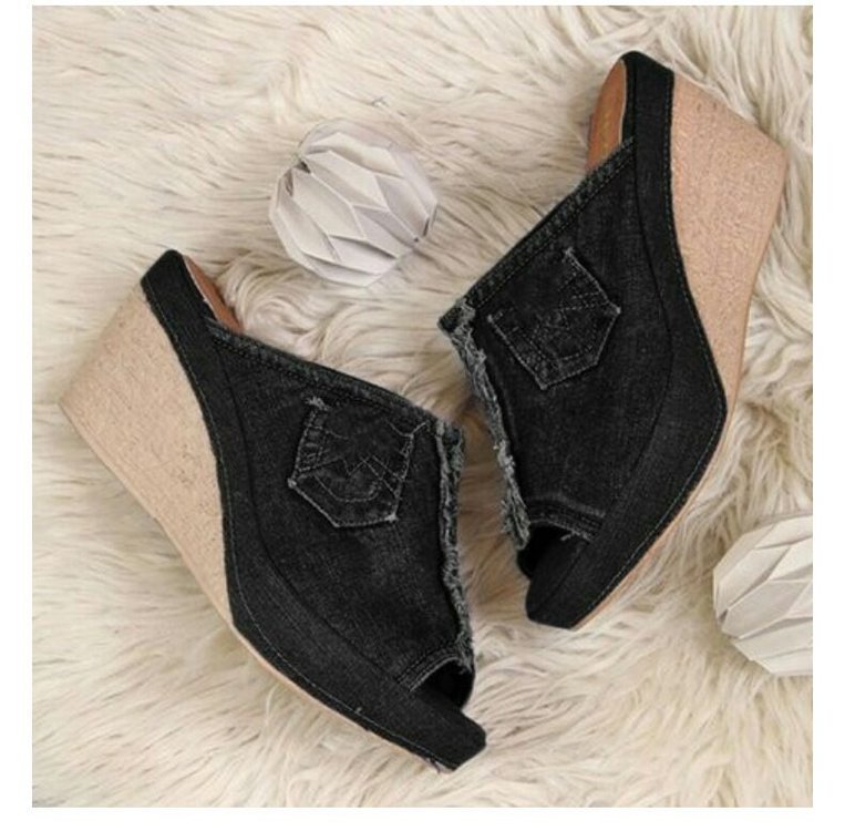 Damen nan Jeans-Pantolette mit offener Zehenpartie, fransigem Saum und Bastkeilabsatz Drune