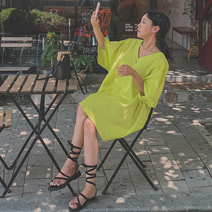 Damen Leichtes Oversize-Kaftan-Kleid mit V-Ausschnitt und asymmetrischem Saum Drune