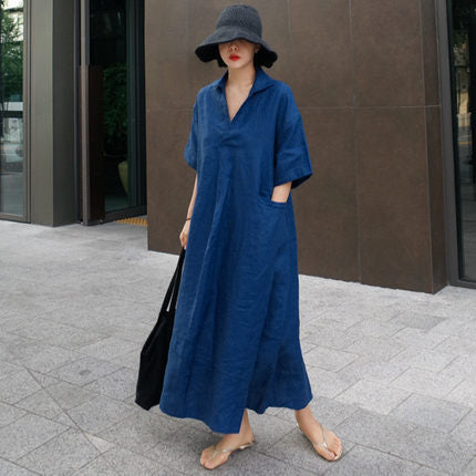 Damen Luftiges Maxikleid in Leinenoptik mit Seitentaschen Drune