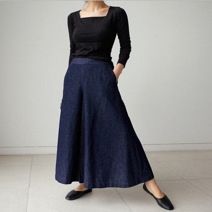 Damen Weite Denim Culotte-Hose mit Eingrifftaschen Drune