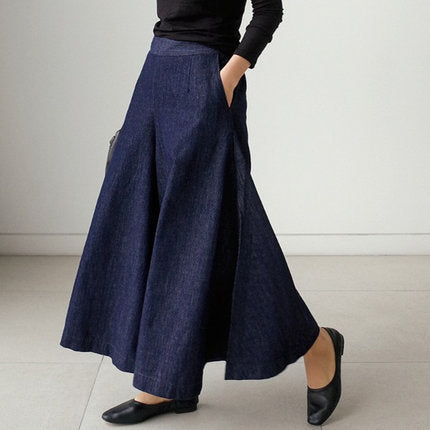 Damen Weite Denim Culotte-Hose mit Eingrifftaschen Drune