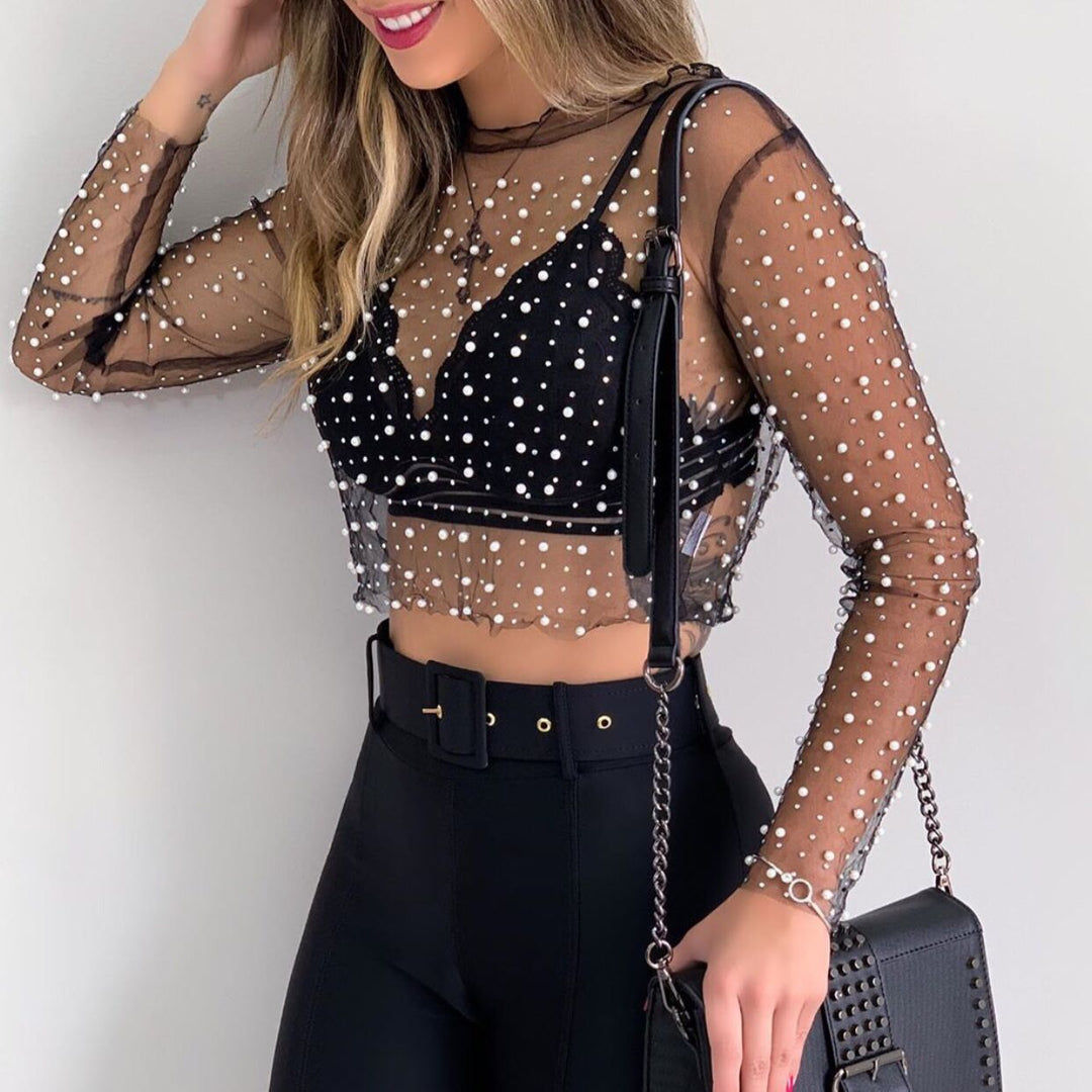 Damen Sheer Perlenverziertes Crop Top Drune