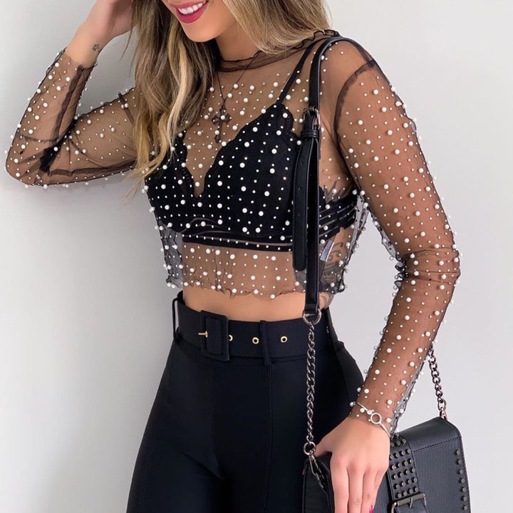 Damen Sheer Perlenverziertes Crop Top Drune