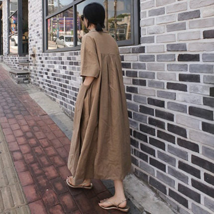 Damen Luftiges Maxikleid in Leinenoptik mit Seitentaschen Drune