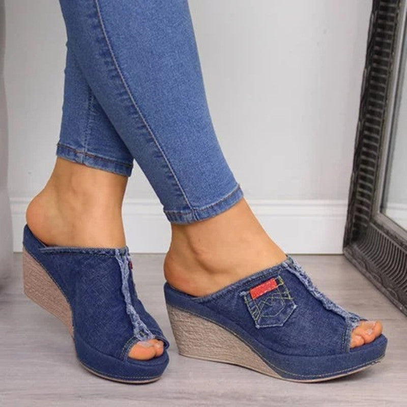 Damen Wedge-Pantoletten aus Denim mit modischem Fransen-Design Drune