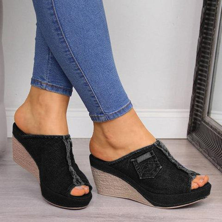 Damen Wedge-Pantoletten aus Denim mit modischem Fransen-Design Drune