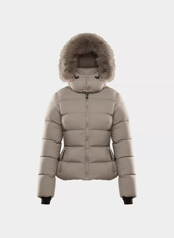 Damen-Daunenjacke mit Kapuze und Kunstfellkragen