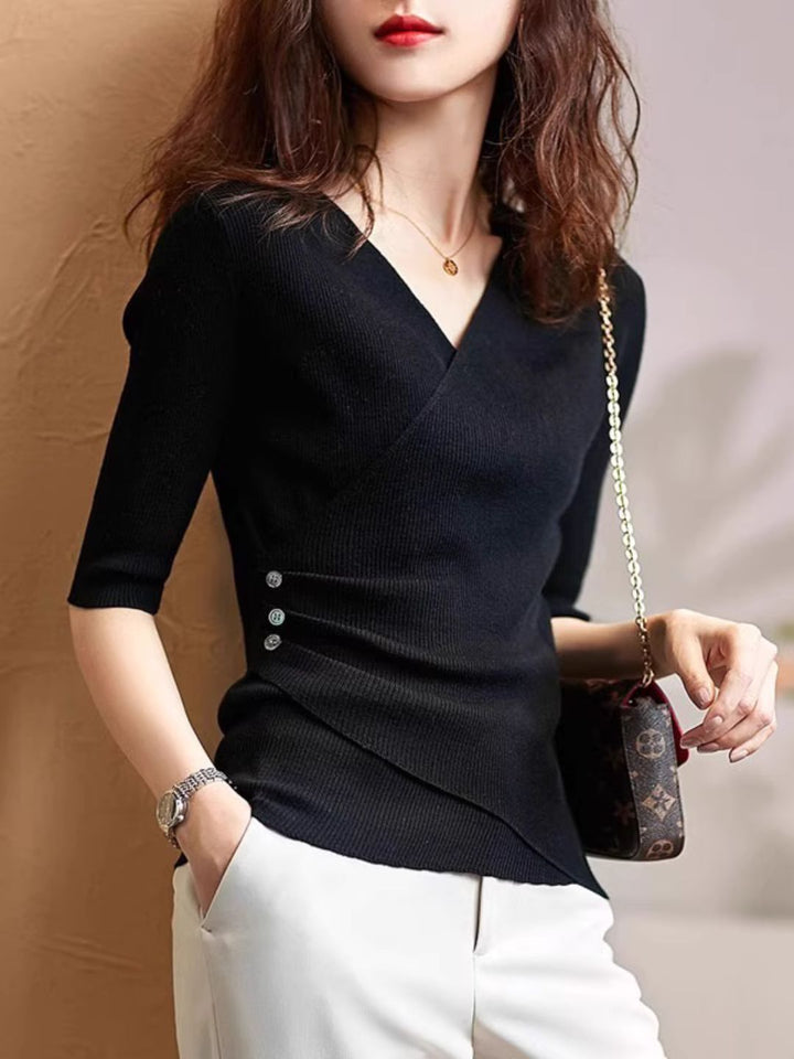 Drune | Casual V-Ausschnitt Unifarben Stricktop Grün