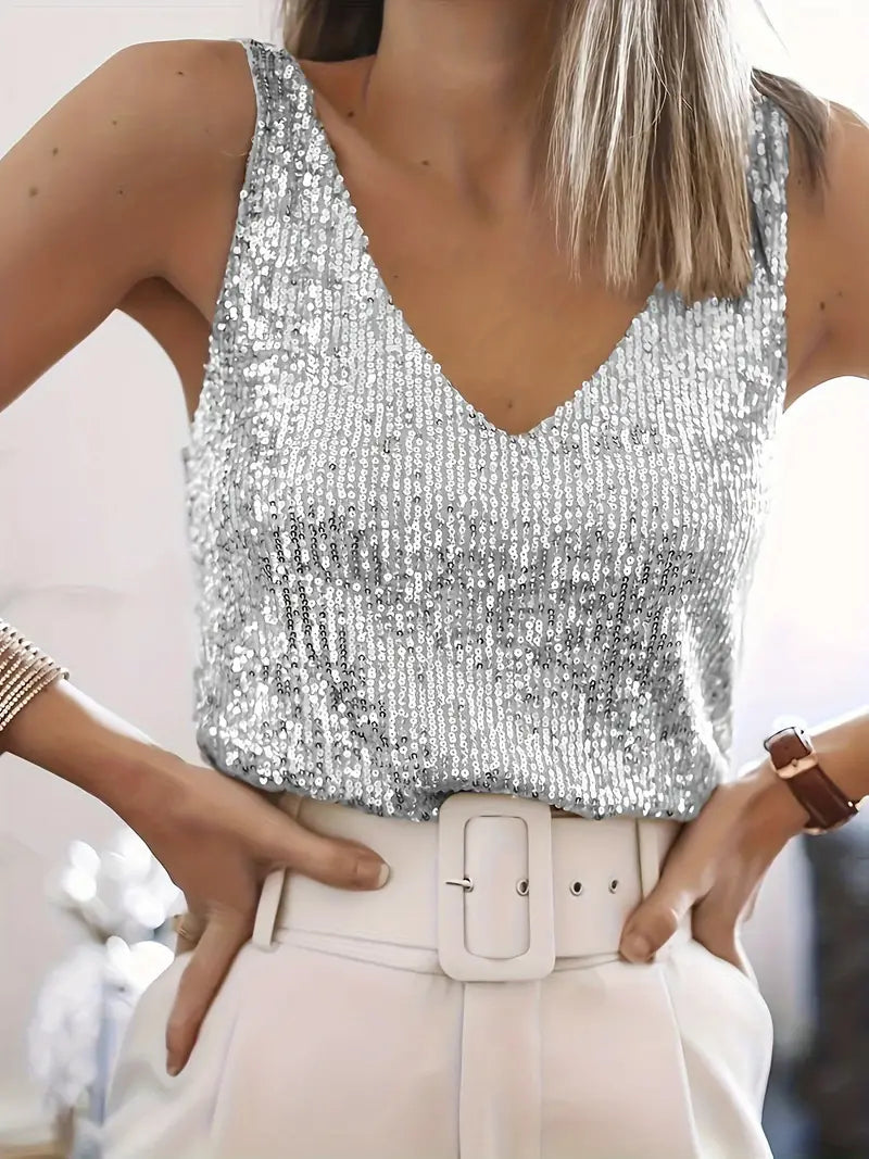 Drune | Damen Glitter Pailletten V-Ausschnitt Top Ärmelloses Shirt Top Für Frauen