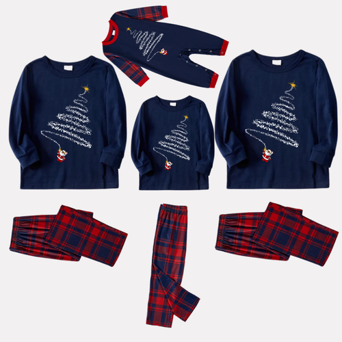 Drune | Santa Claus Druck Blau Langarmshirt mit Rot- und Blau-karierter Weihnachtsfamilienpassender Schlafanzug